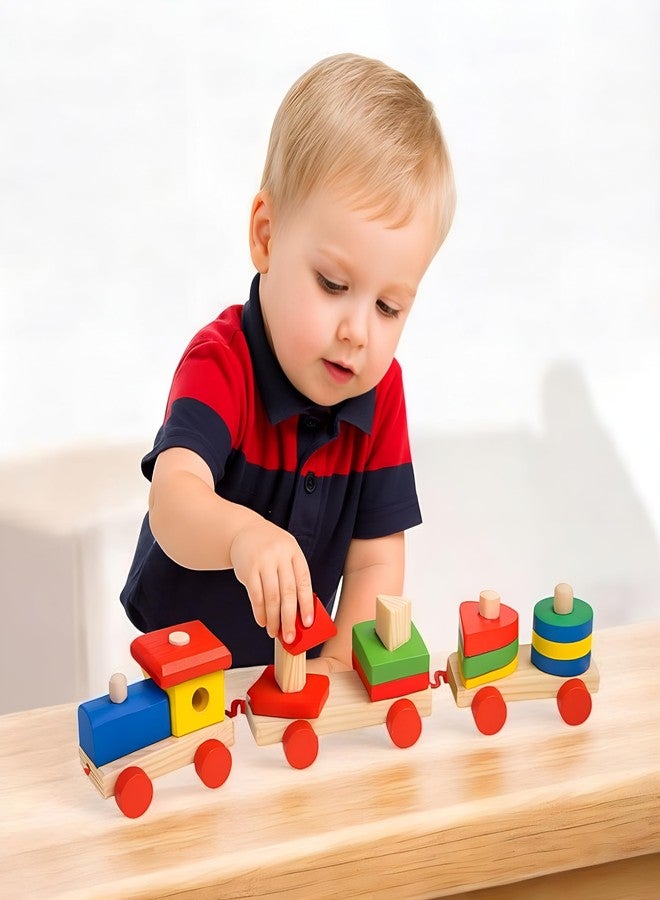 VERAT قطار خشبي للأطفال من فيرات | مكعبات تعليمية للتكديس بأشكال وألوان متنوعة | لعبة أحجية مونتيسوري للأولاد والبنات | قطار خشبي بأشكال متنوعة | ألعاب تعليمية للأطفال (متعددة الألوان) - Image 1